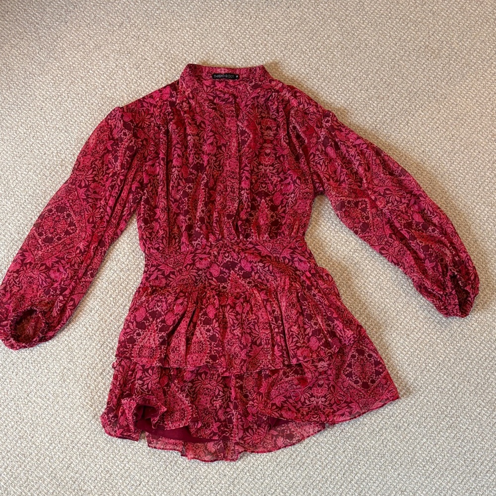 Women's Long Sleeve Red Floral Tiered Dress